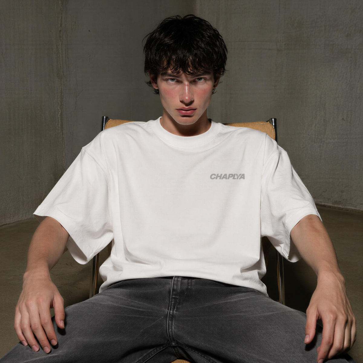 Male model wearing an off-white CHAPLYA oversized heavyweight T-shirt in a minimalist concrete setting