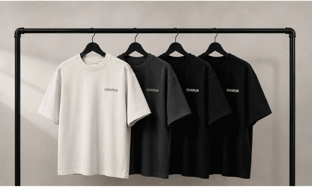 CHAPLYA oversized heavyweight T-shirts in off white and off black on a clothing rack