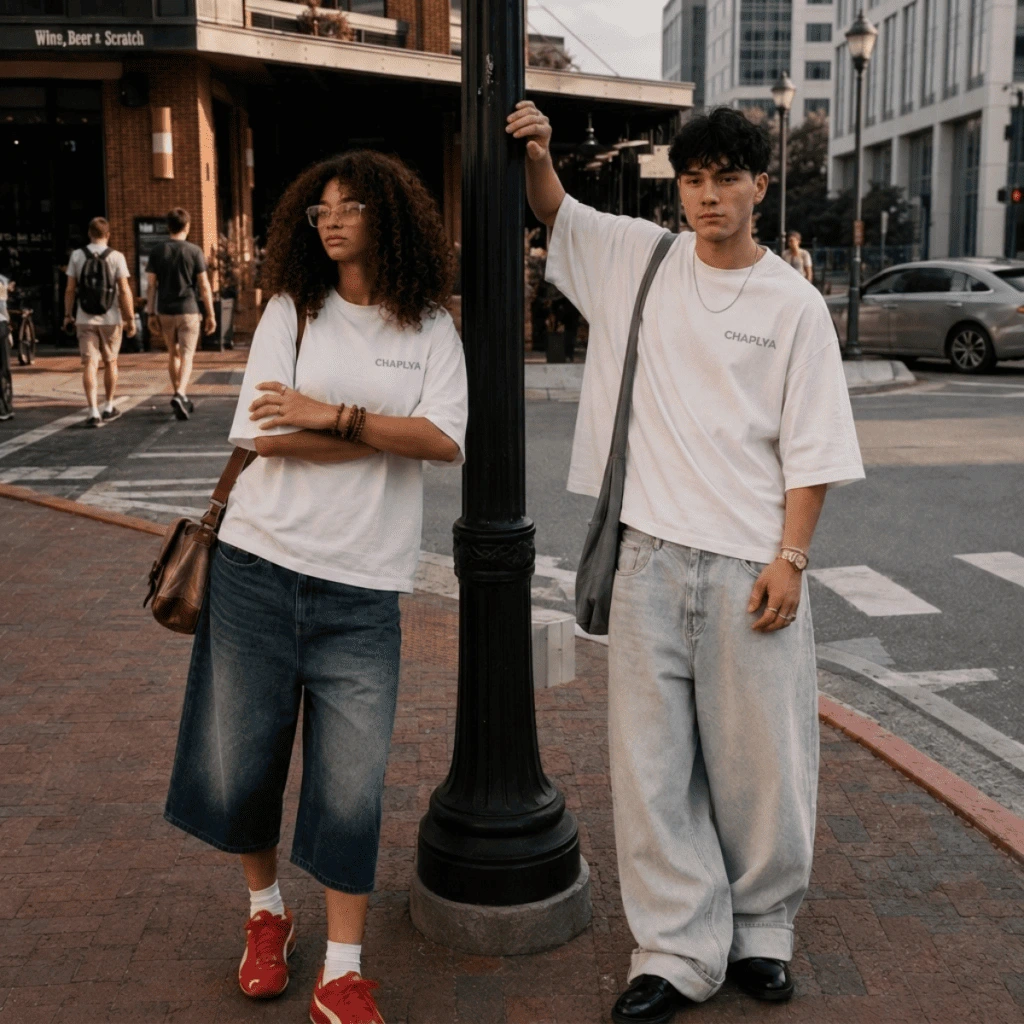 Two models wearing off-white CHAPLYA oversized heavyweight T-shirts in an urban streetwear setting